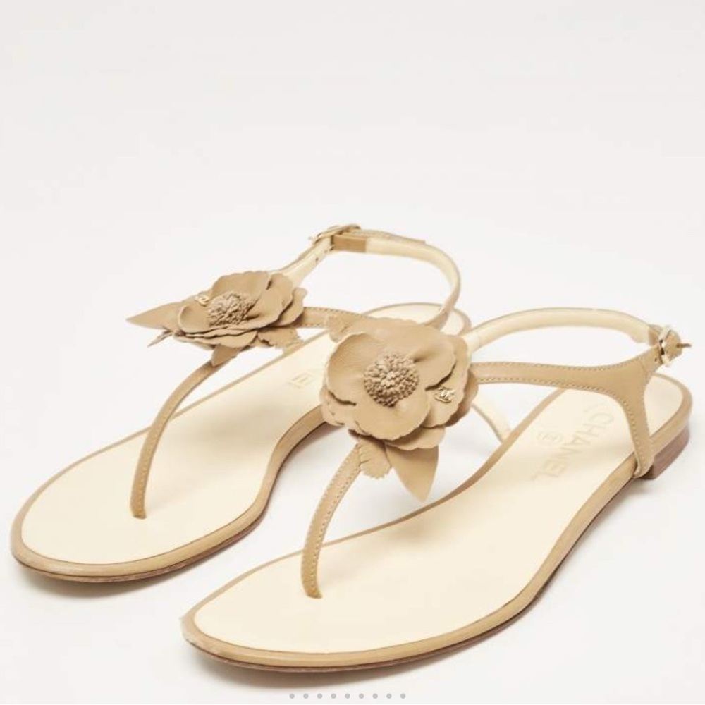 Chanel Brown Leather Camelia Thong Slingback Sandals - Picture 5 of 12